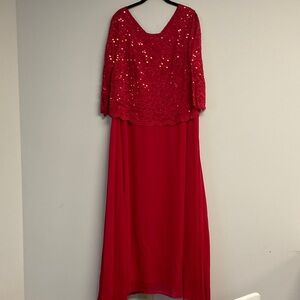 Roaman's Red Long Sleeve Sequin Lace Evening Gown